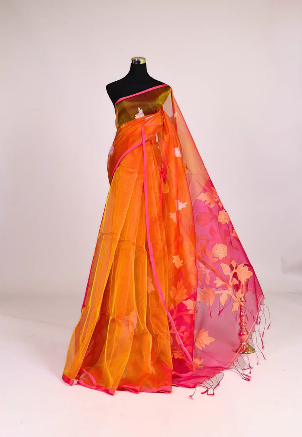 Orange Pink Handwoven Muslin Floral Jamdani Pallu Bengal Saree