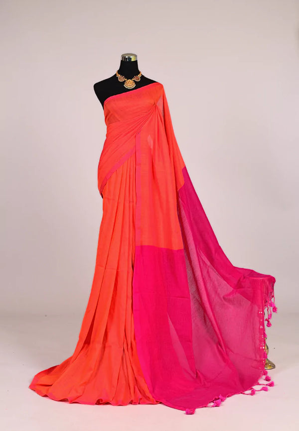 Orange Pink Handspun Pure Cotton Plain Body Bengal Saree.