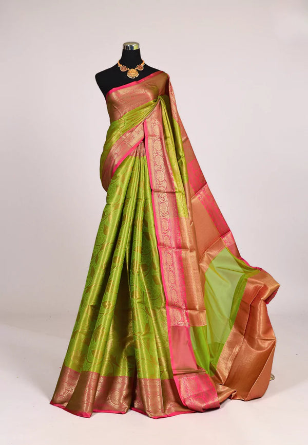 Parrot-Green Silk Tanchui Embossed Floral Body Contrast Border Banarasi Saree