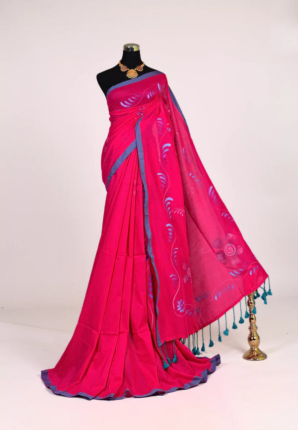 Pink Blue Handspun Pure Cotton Handpainted Floral Body Bengal Saree.