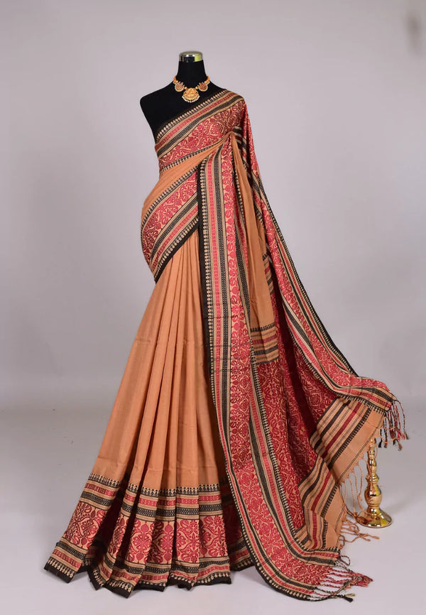 Pinkish Brown Handloom Mercerised Pure Cotton Thread Woven Grand Pallu Bengal Saree