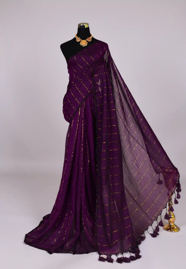 Purple-Wine Handspun Pure Cotton Striped Zari Body Bengal Saree