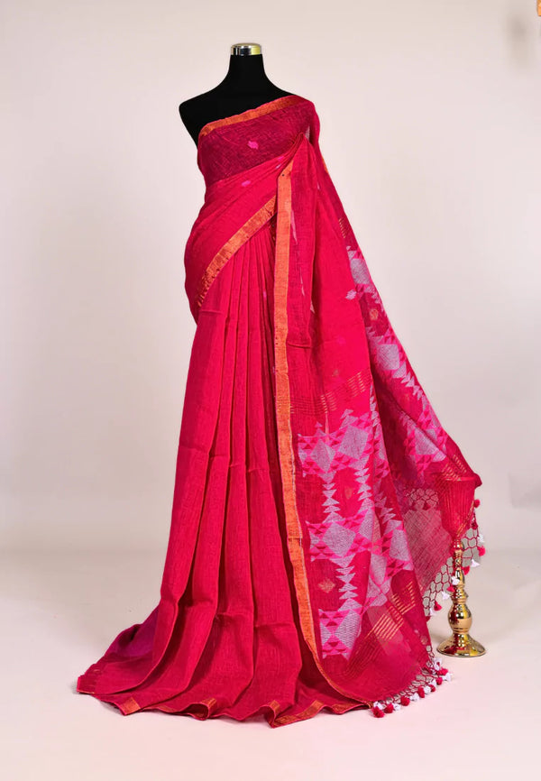 Rani-Pink Handloom Linen Plain Body Zari Pallu Bengal Saree