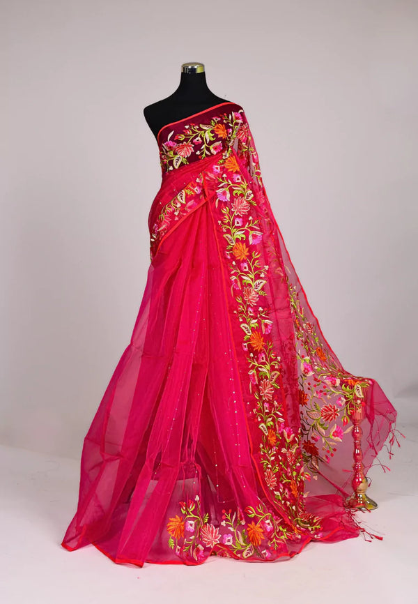 Rani-Pink Handwoven Muslin Floral Embroidery Border Sequin Body Bengal Saree