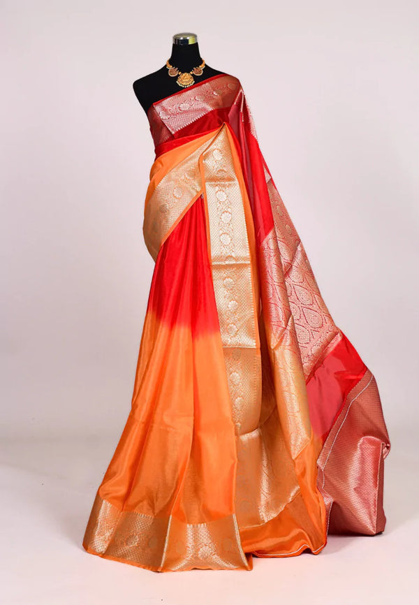 Red Orange Semi Dupion Silk Ombre Grand Pallu Banarasi Saree