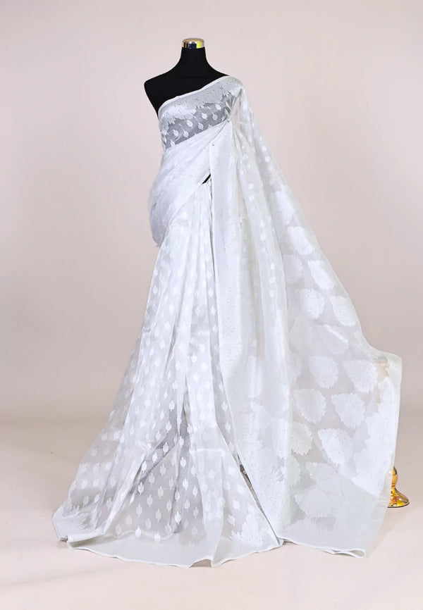Silver White Cotton Tissue Full Zari Butti Grand Pallu Banarasi Saree