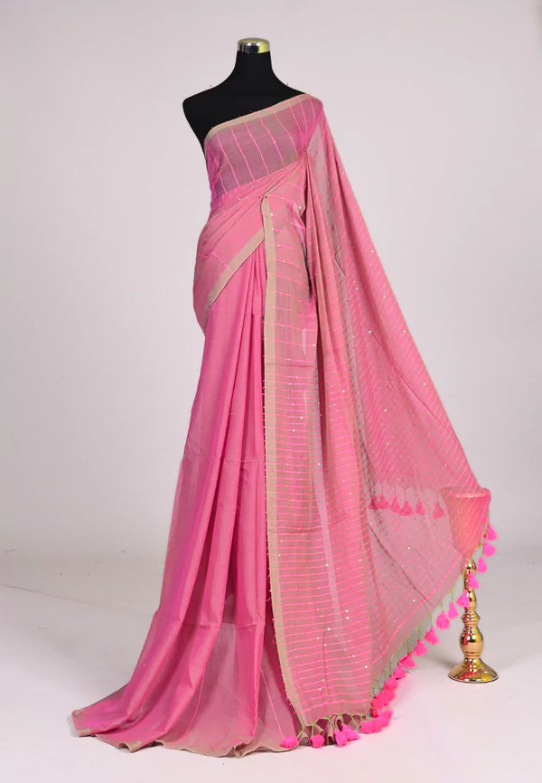 Sweet-Pink Handspun Pure Cotton Sequin Stitched Body Bengal Saree