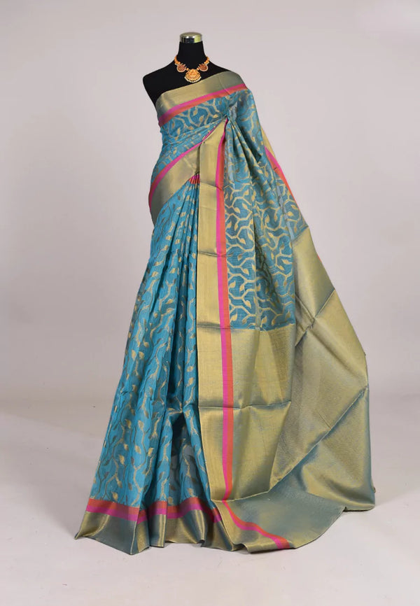 Turquoise Soft Silk Cotton Patta Border Floral Body Banarasi Saree