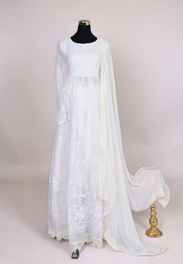 White Georgette Thread Embroidered Premium Anarkali Kurti Pants Dupatta Set