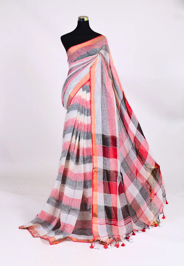 White Red Handloom Linen Checkered Body Bengal Saree