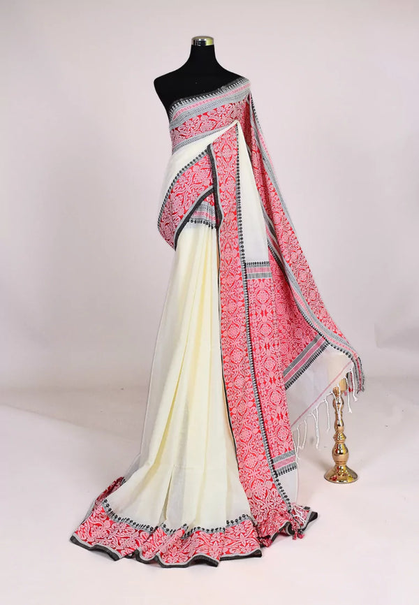 White Red Handloom Mercerised Pure Cotton Thread Woven Pallu Plain Body Bengal Saree
