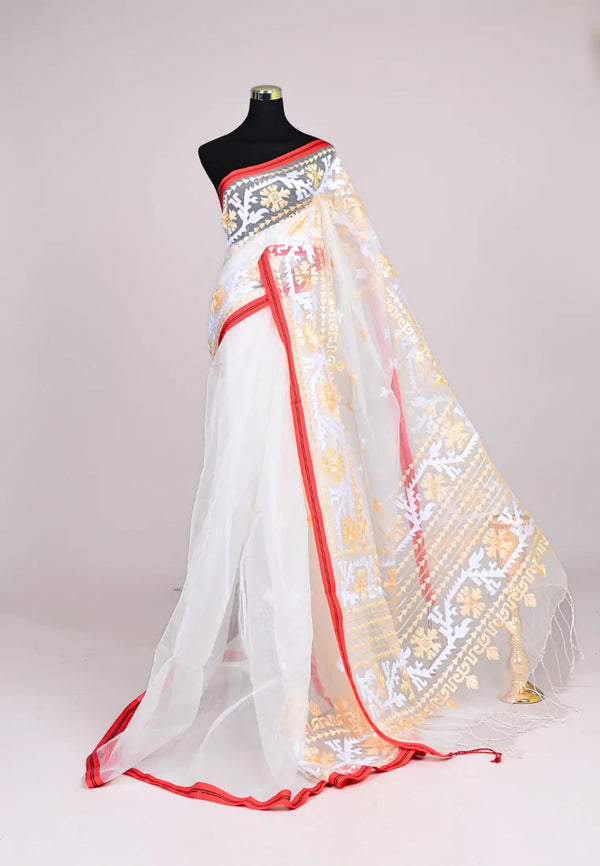White Red Handwoven Muslin Heavy Embroidery Bengal Saree
