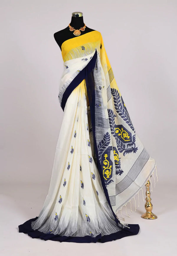 White Yellow Handloom Mercerised Pure Cotton Plain Border Grand Pallu Bengal Saree