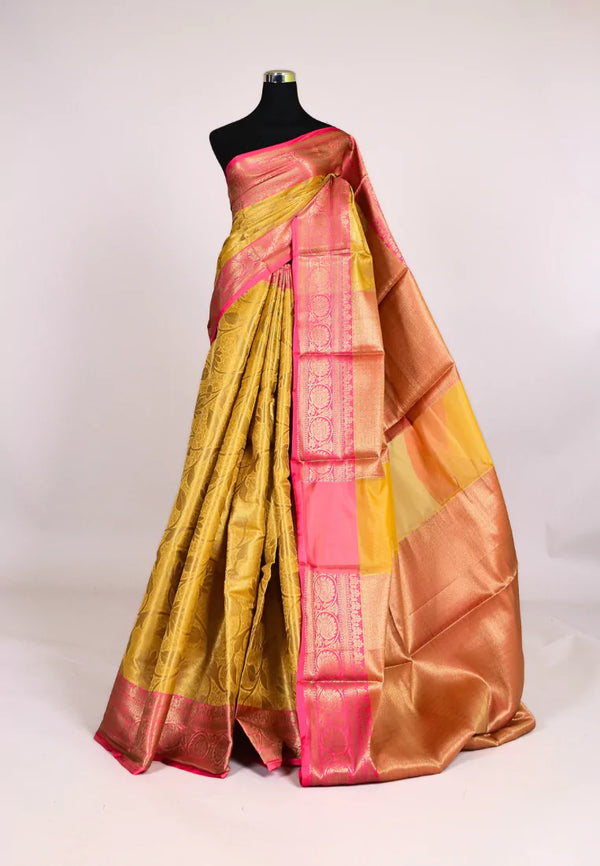Yellow Gold Tanchui Silk Embossed Body Contrast Pallu Banarasi Saree